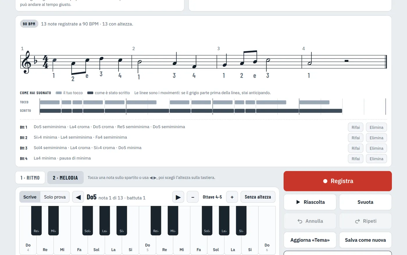 Pagina Frasi: la melodia scritta sul pentagramma con la tastiera per scegliere le note